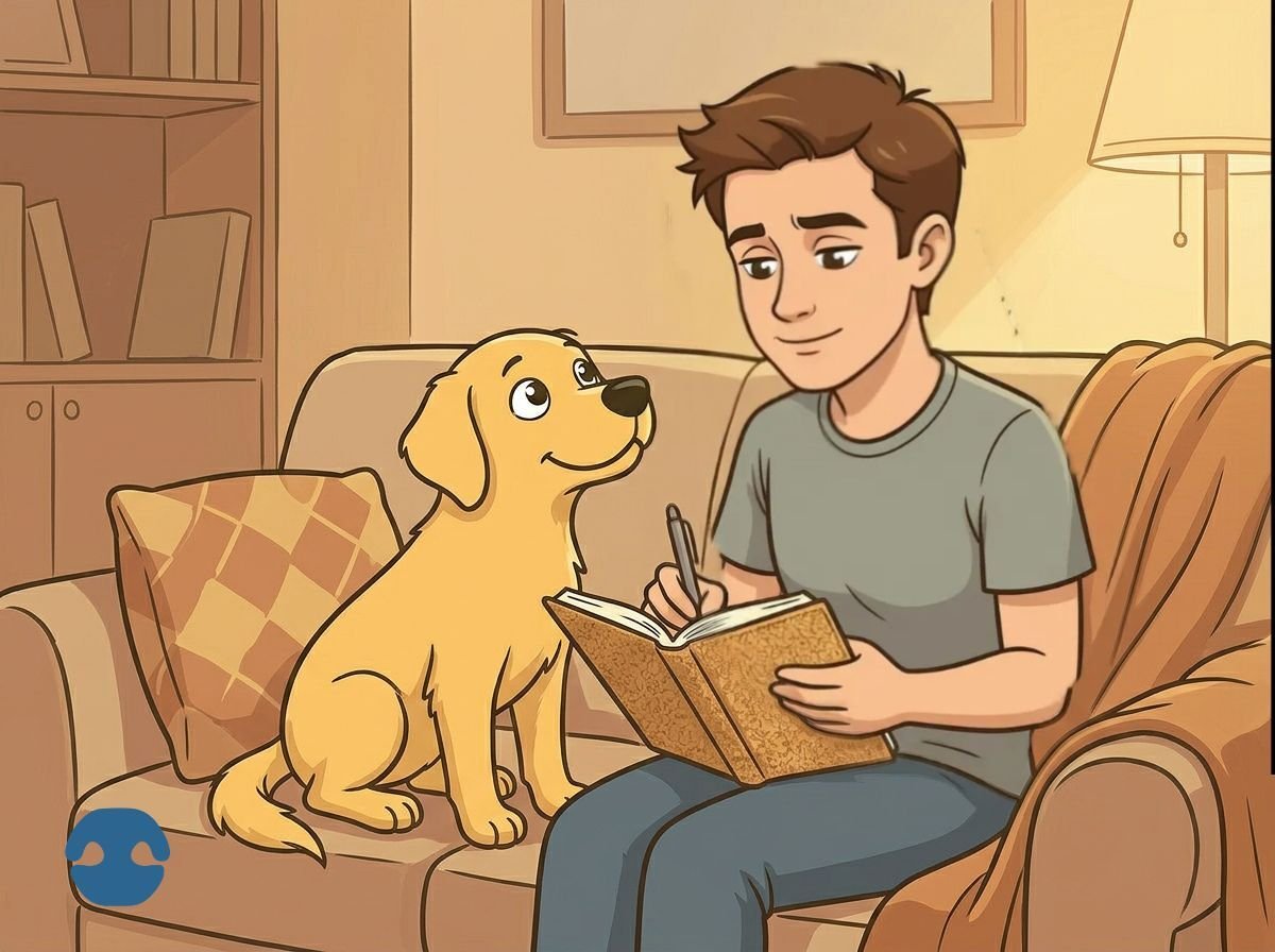 Cartoon dog being bathed with shampoo in a tub, with bubbles and dirt washing off the coat