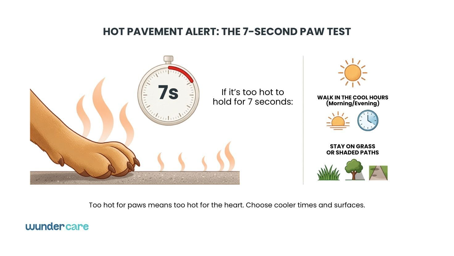 Illustration explaining the 7-second pavement test to check if the ground is too hot for a dog's paws, with reminders to walk during cooler hours and choose shaded or grassy paths.
