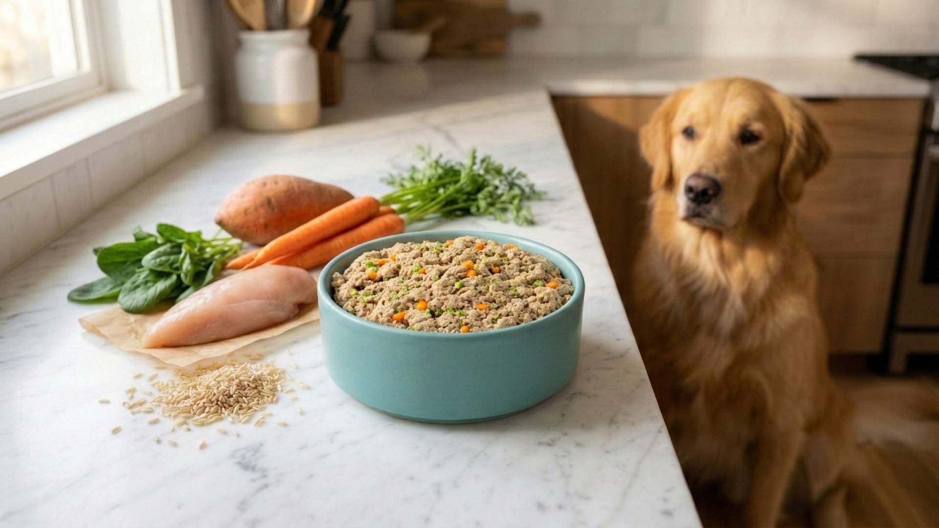 Fresh human grade dog food in bowl with wholesome ingredients next to bowl