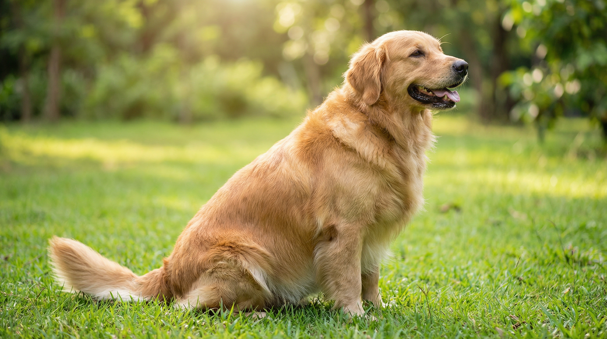 Golden Retriever with thick coat sitting on grass, illustrating how fluffy dogs can hide excess weight