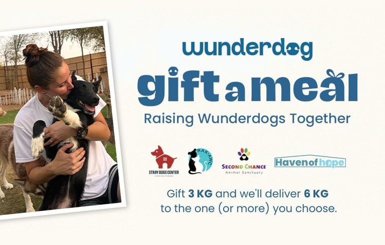 Gift a Meal banner: gift 3 kg of Wunderdog meals and we deliver 6 kg to the partner shelters you choose