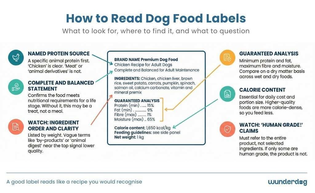 Visual guide to reading a dog food label with six callouts showing what to look for and red flags to watch for on ingredients and nutritional claims