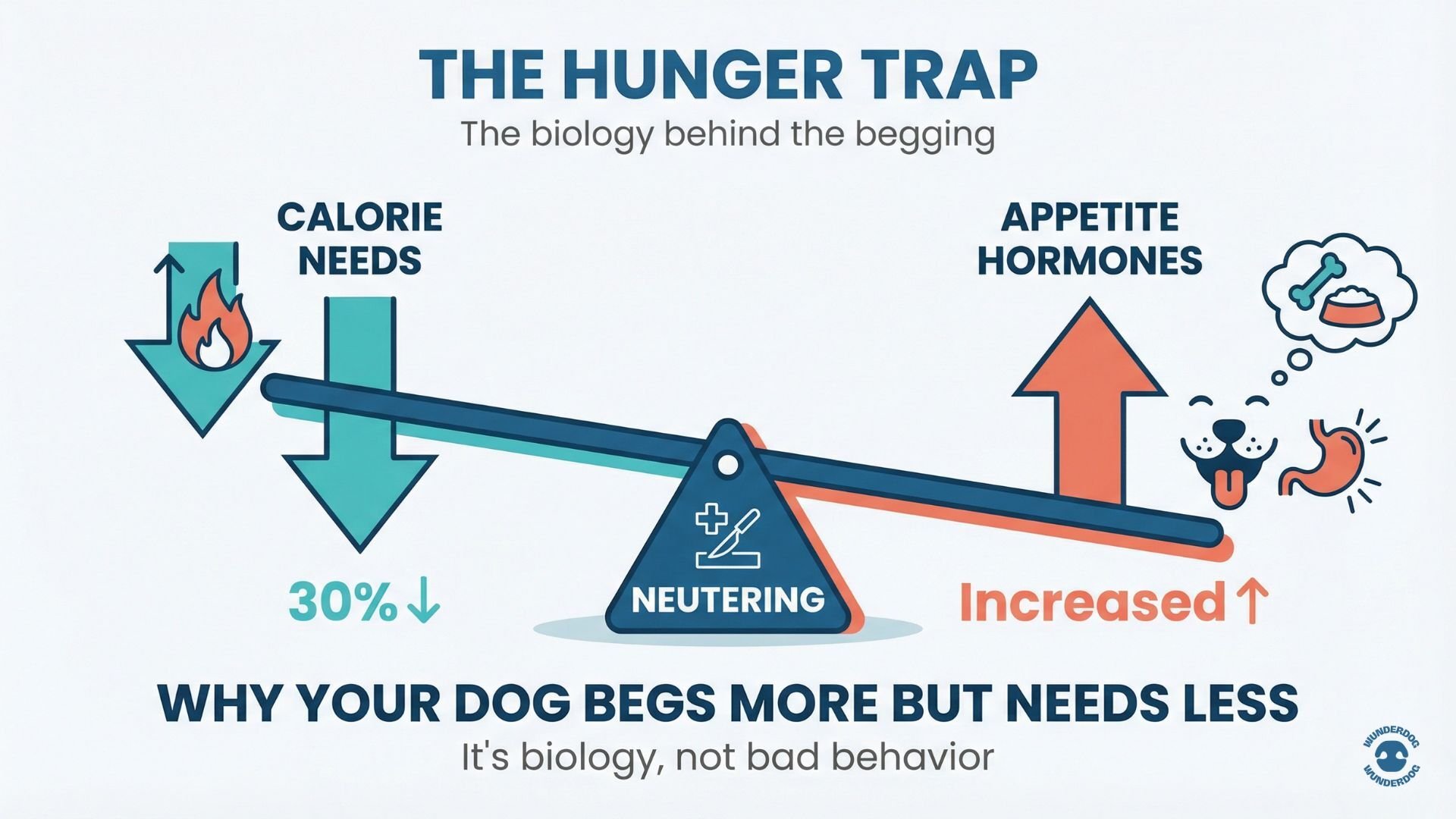 Seesaw showing neutered dog metabolism paradox: calorie needs down 30% while appetite increases