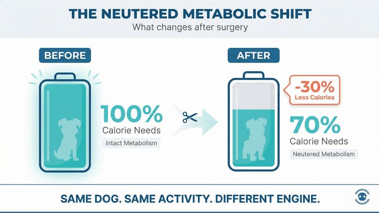 Battery comparison showing calorie needs drop from 100% to 70% after neutering in dogs