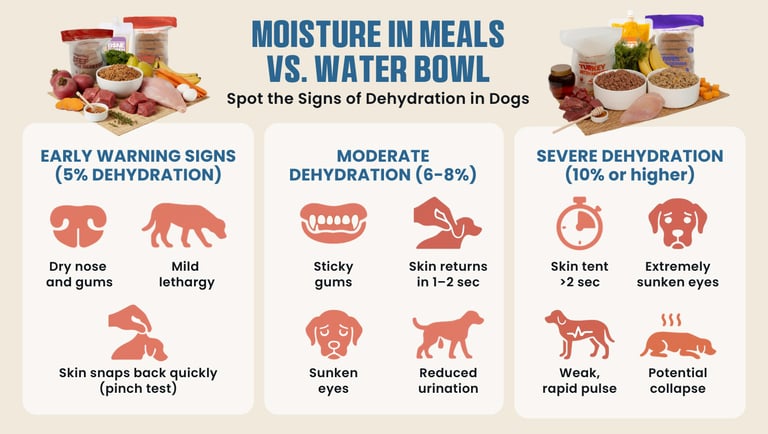 Infographic showing dehydration signs in dogs and the role of moisture in meals versus water bowl, with early, moderate, and severe dehydration symptoms.