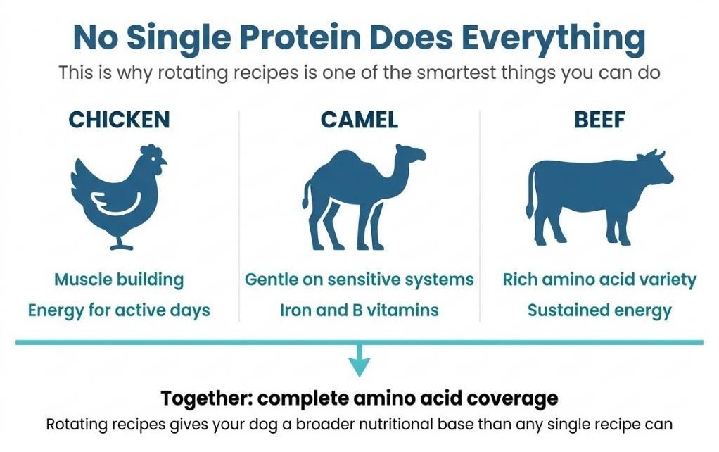 Three-column comparison of chicken, camel and beef proteins showing why rotating dog food recipes ensures complete amino acid coverage