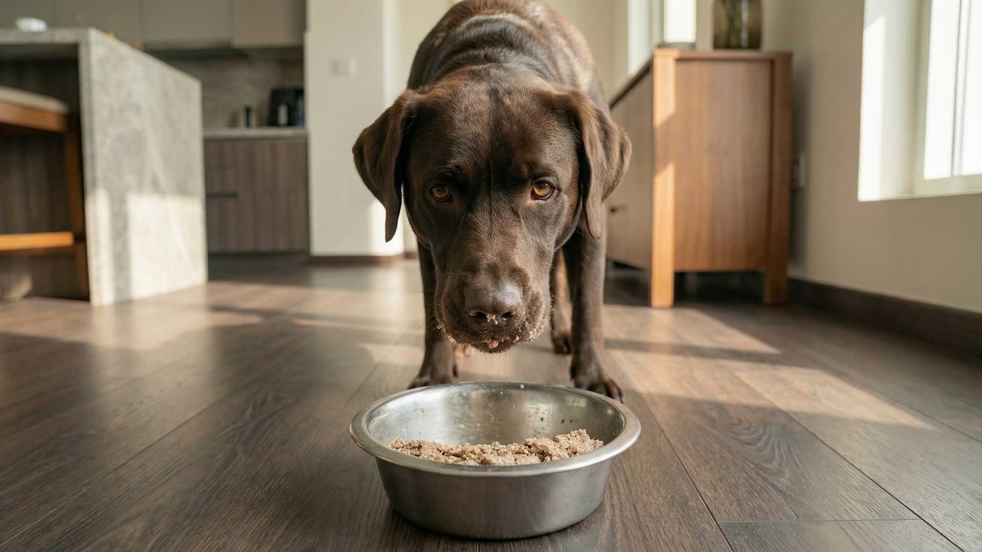 Labrador eating a novel protein meal from a bowl in a modern kitchen with warm natural light