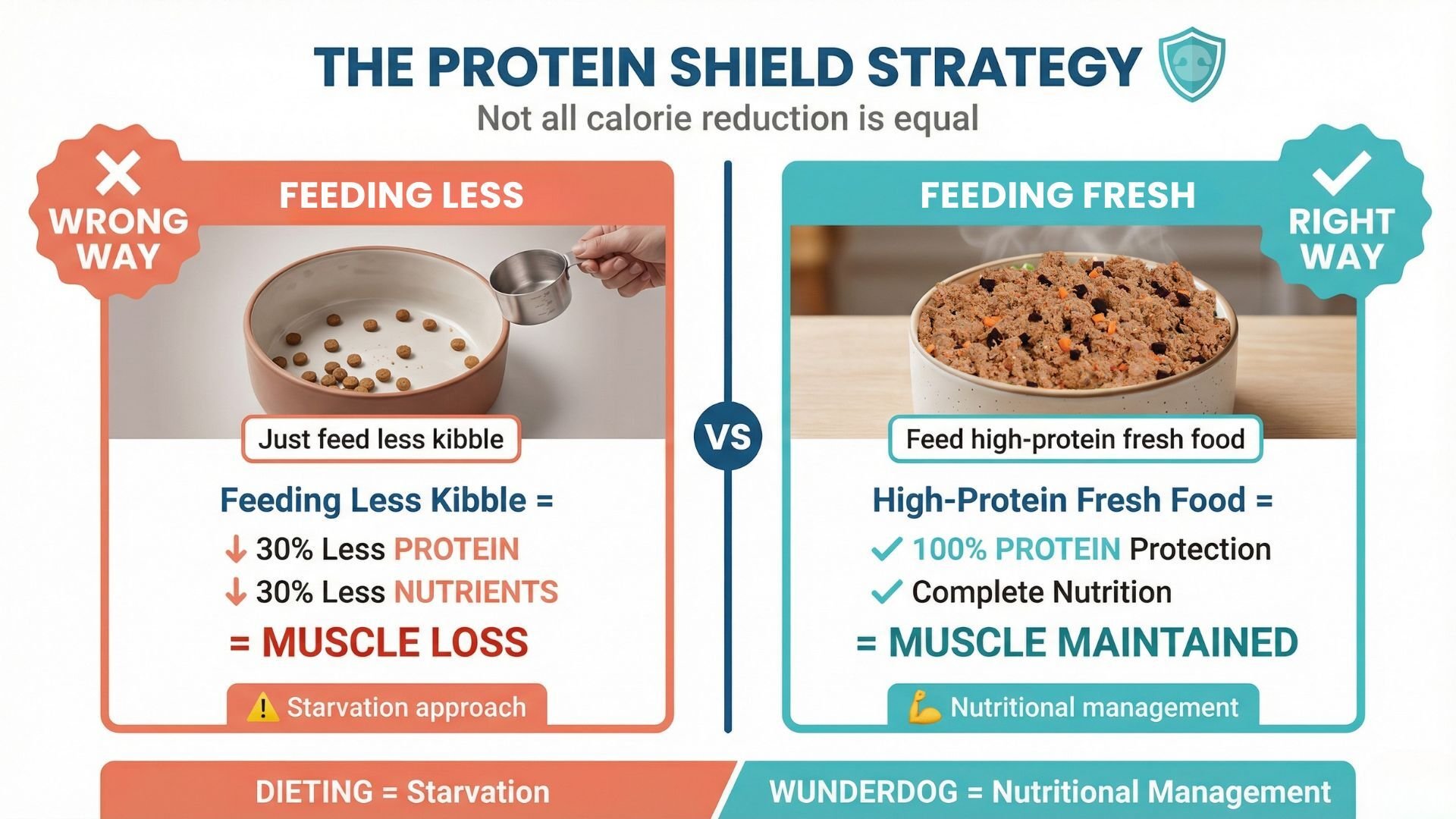 Comparison of feeding less kibble causing muscle loss versus fresh food maintaining muscle in neutered dogs