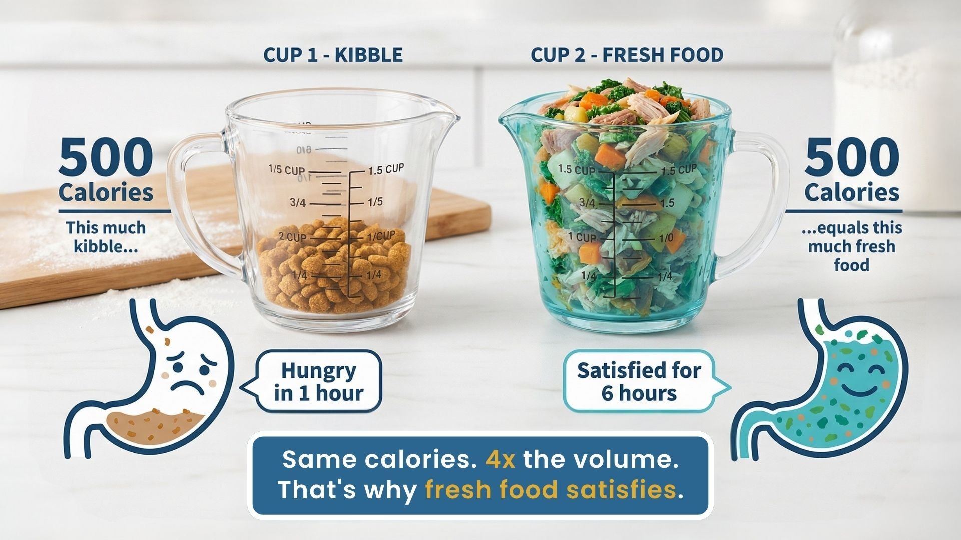 Infographic comparing 500 calories of dry kibble in small portion versus 500 calories of fresh food filling entire measuring cup showing 4x volume difference with stomach illustrations showing hungry in 1 hour versus satisfied for 6 hours