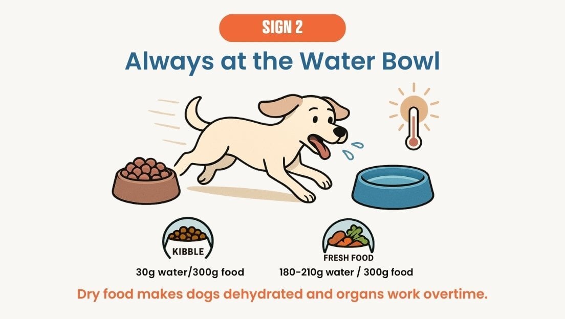 Dog gulping water frantically after eating kibble, with hydration comparison between dry food and fresh food.