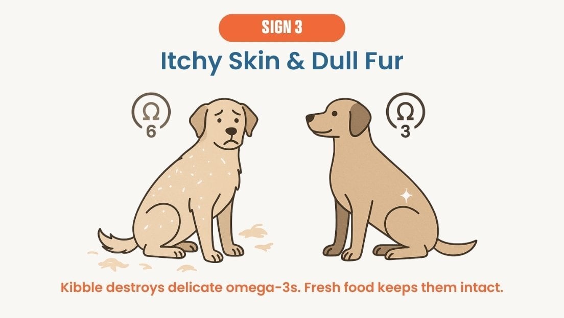 Side-by-side dogs showing dull flaky coat with shedding versus shiny healthy coat supported by fresh nutrition.