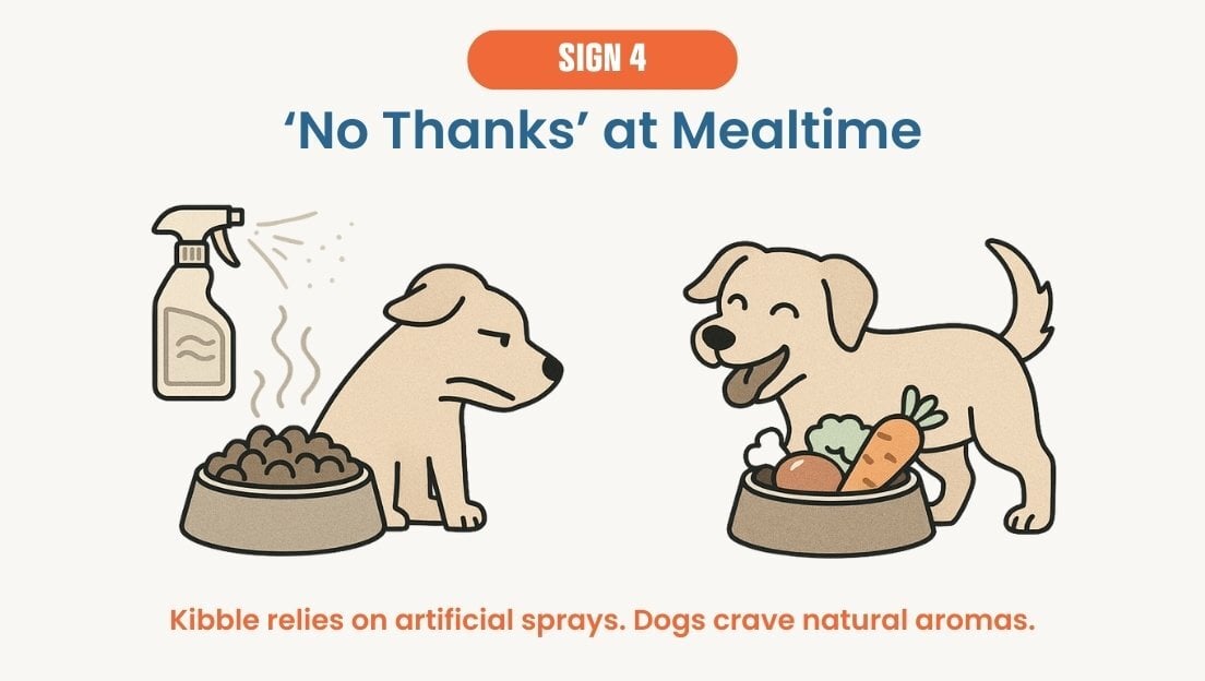 Dog refusing to eat kibble with artificial sprays shown, contrasted with eager eating of fresh whole food.