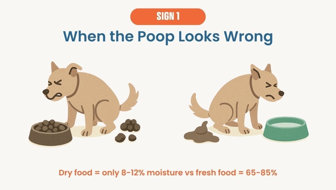 Dog struggling with constipation and dry hard stools shown beside loose watery stools, highlighting digestive issues from kibble.