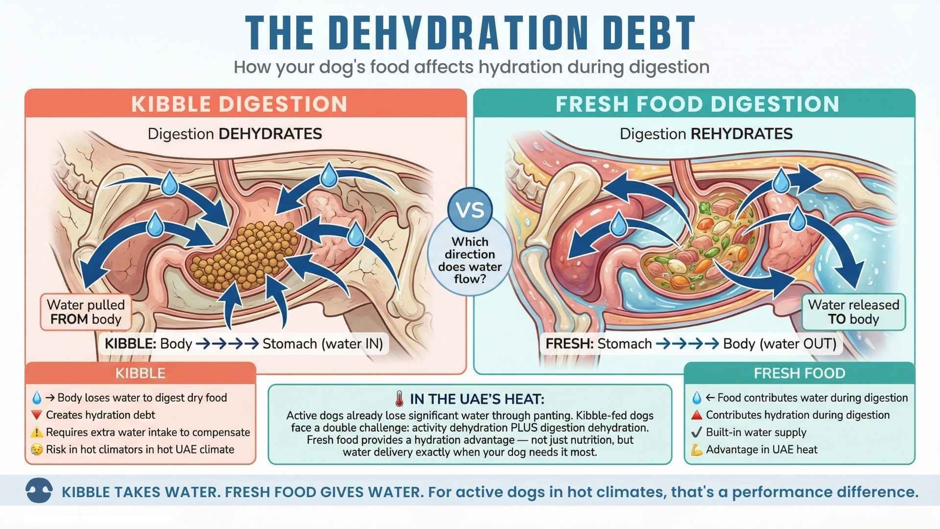 Digestion comparison showing kibble pulls water from body while fresh food releases water to body in UAE heat