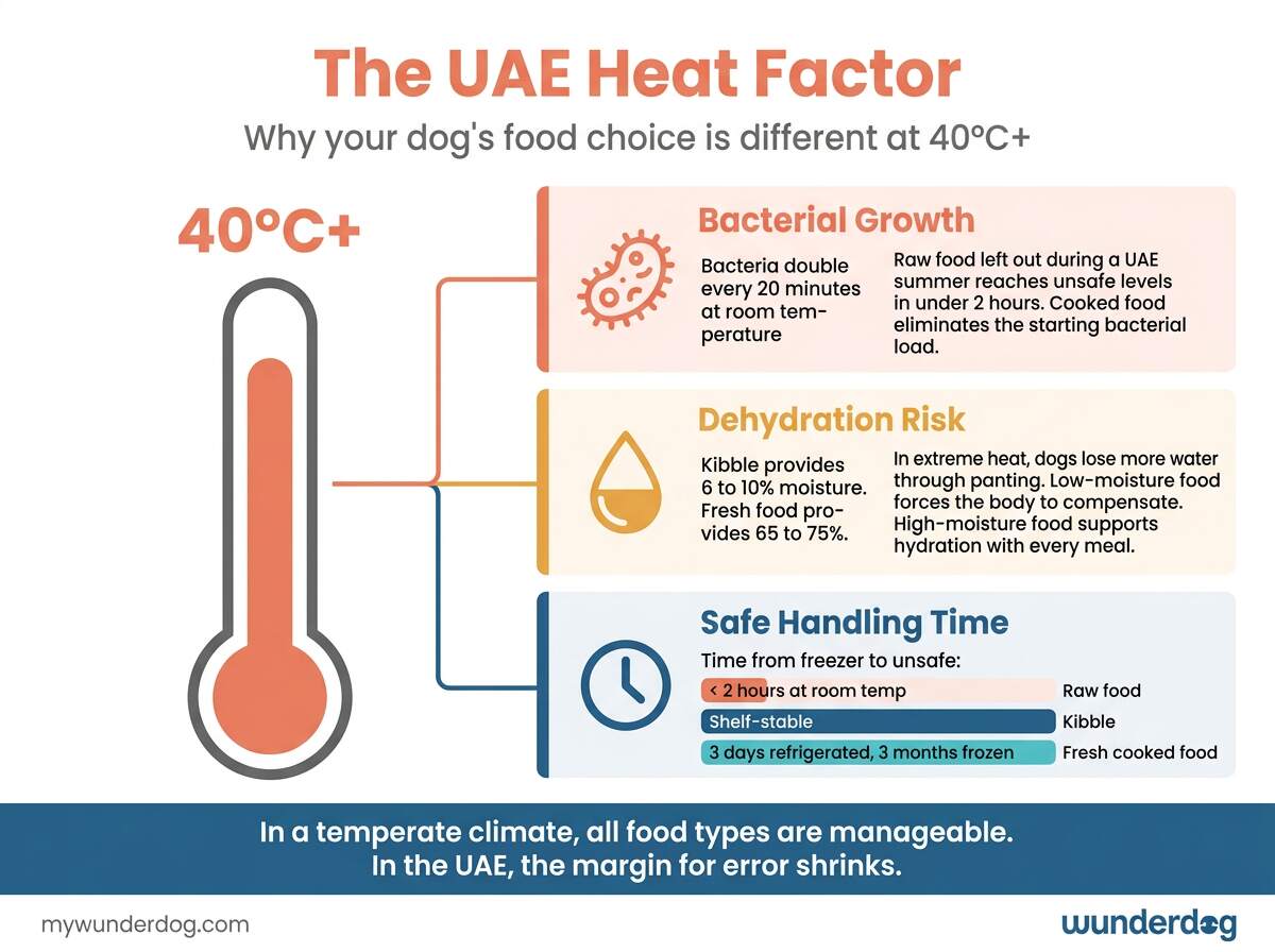 This infographic shows how UAE heat affects bacterial safety, hydration, and handling time across all three food types.