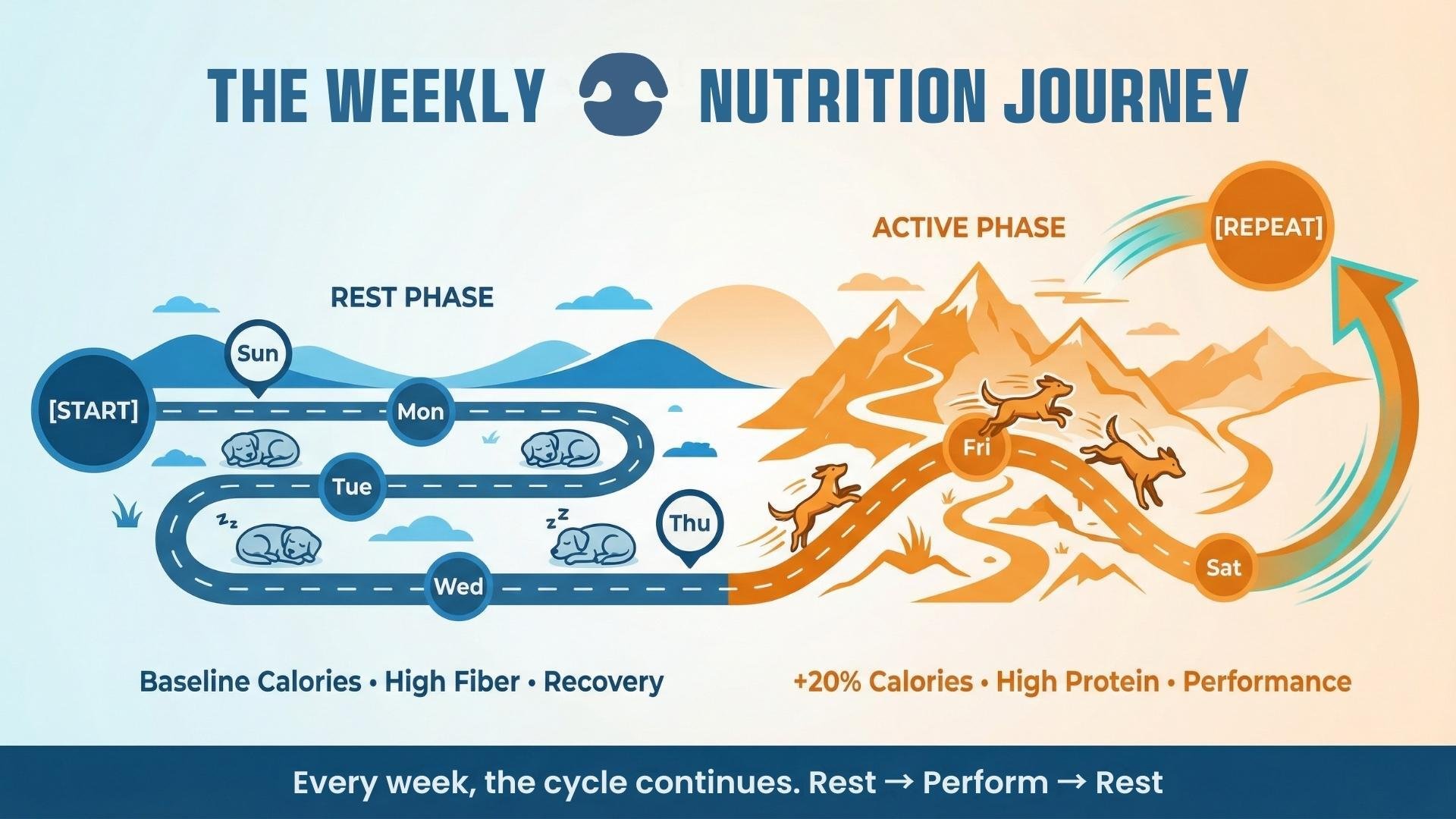 Nutritional periodisation roadmap showing rest phase weekday feeding versus active phase weekend feeding for dogs