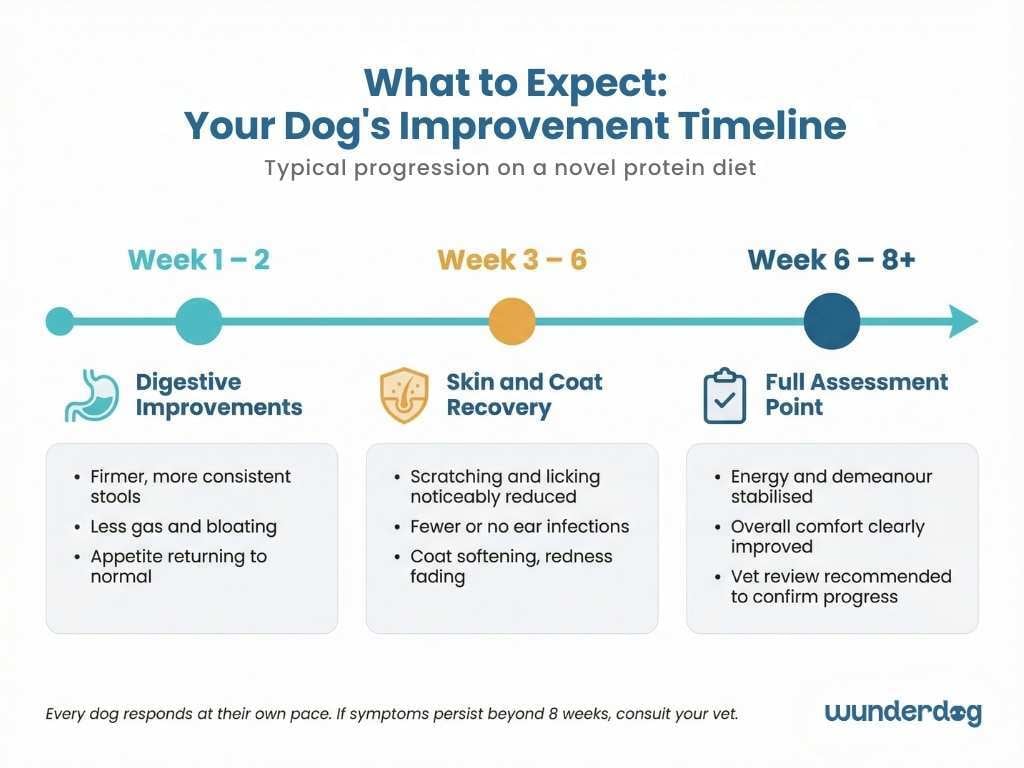 Expected improvement timeline for dogs on novel protein diets with digestive changes at weeks 1 to 2 and skin recovery by weeks 3 to 6
