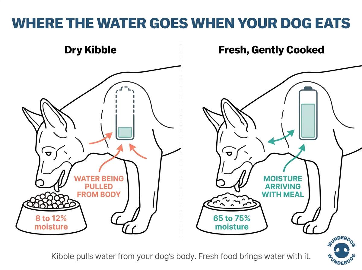 Side-by-side comparison of kibble pulling water from a dog’s body versus fresh food delivering moisture