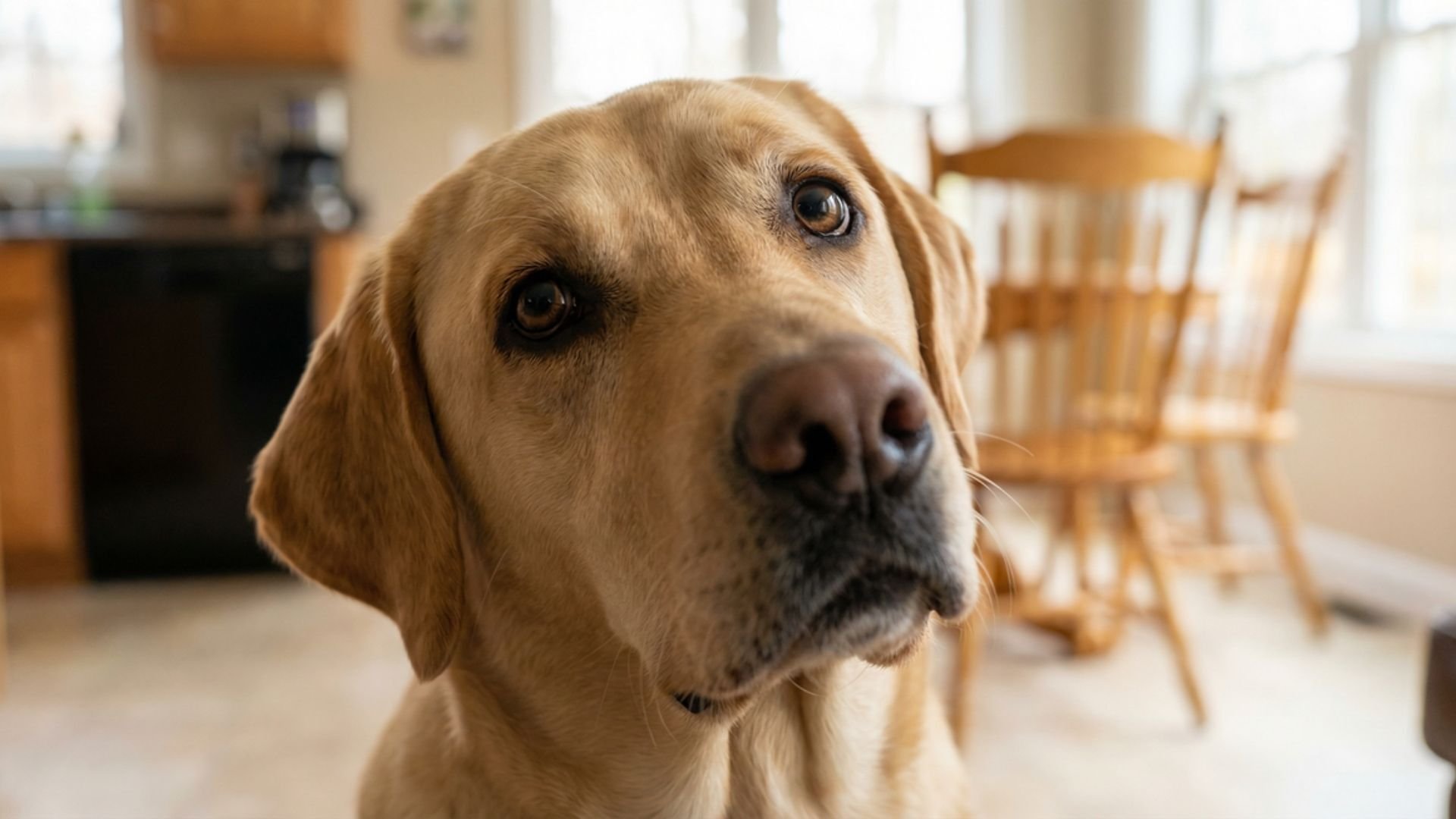 Yellow Labrador with soft pleading eyes looking up expectantly in kitchen with dining chairs in background illustrating common dog begging behaviour after meals