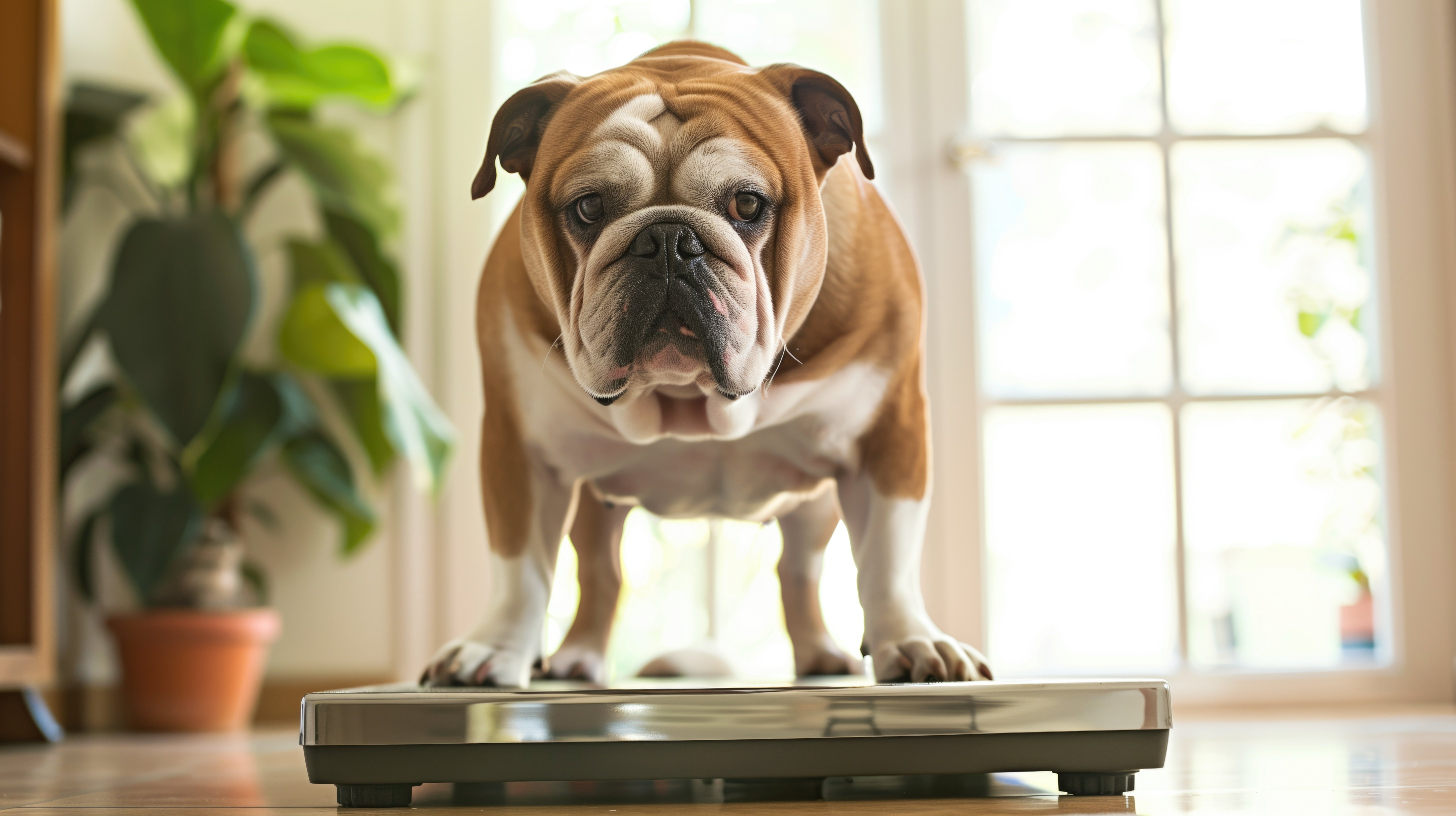 Curious Bulldog standing on a home scale — highlighting the need for hands-on body condition checks to accurately assess your dog’s health and weight.