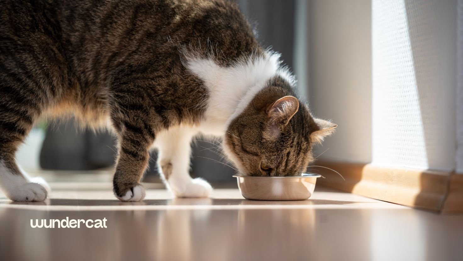 Tabby cat eating from a bowl indoors with natural light, illustrating moisture-rich feeding for better hydration with Wundercat