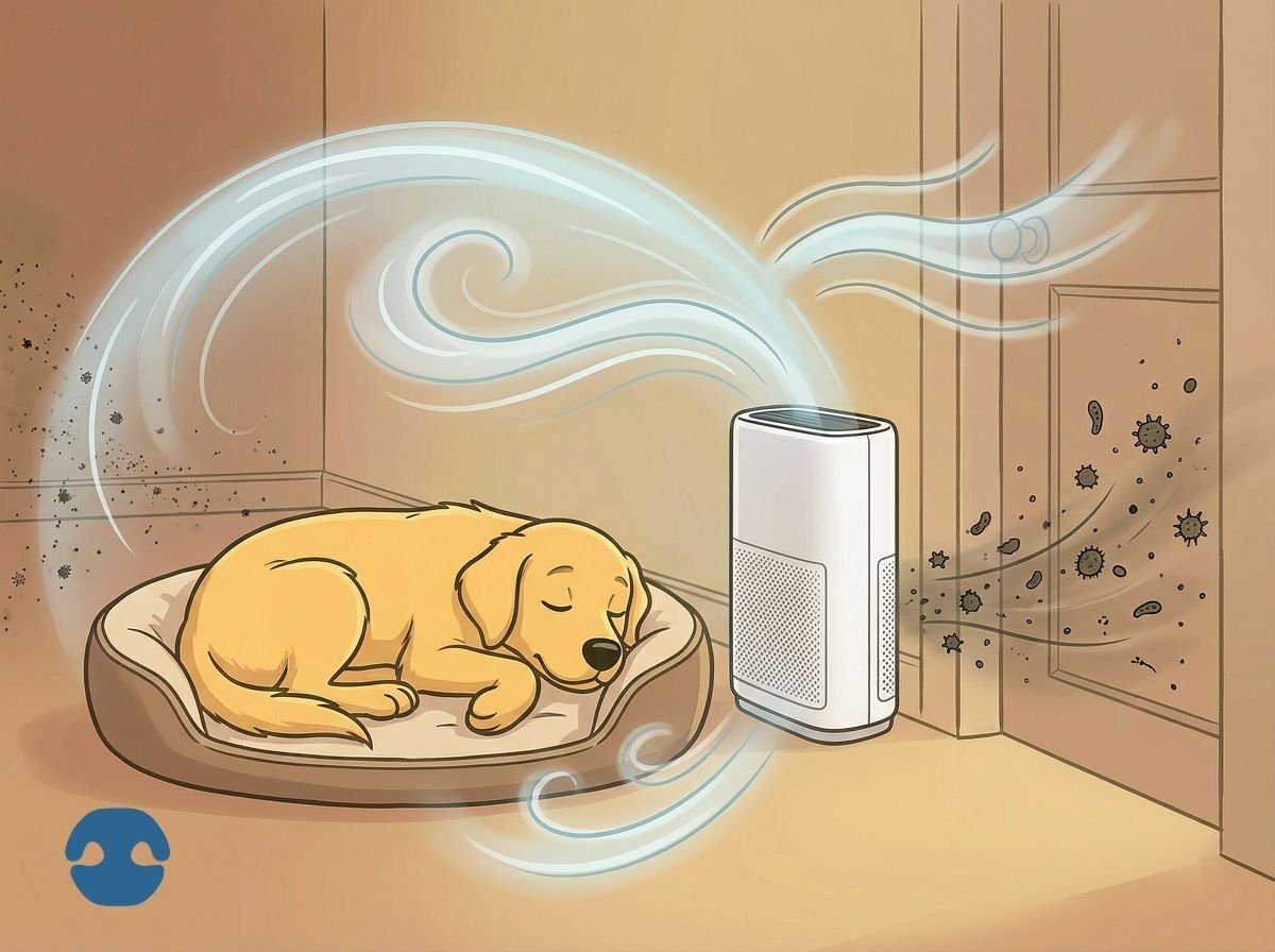 Cartoon dog sleeping peacefully beside an air purifier filtering dust and allergens from the air