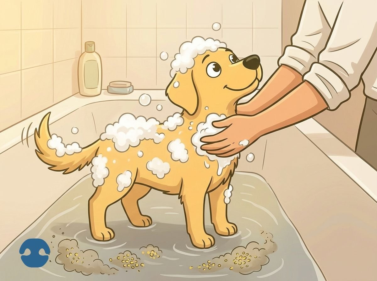 Cartoon dog being bathed with shampoo in a tub, with bubbles and dirt washing off the coat