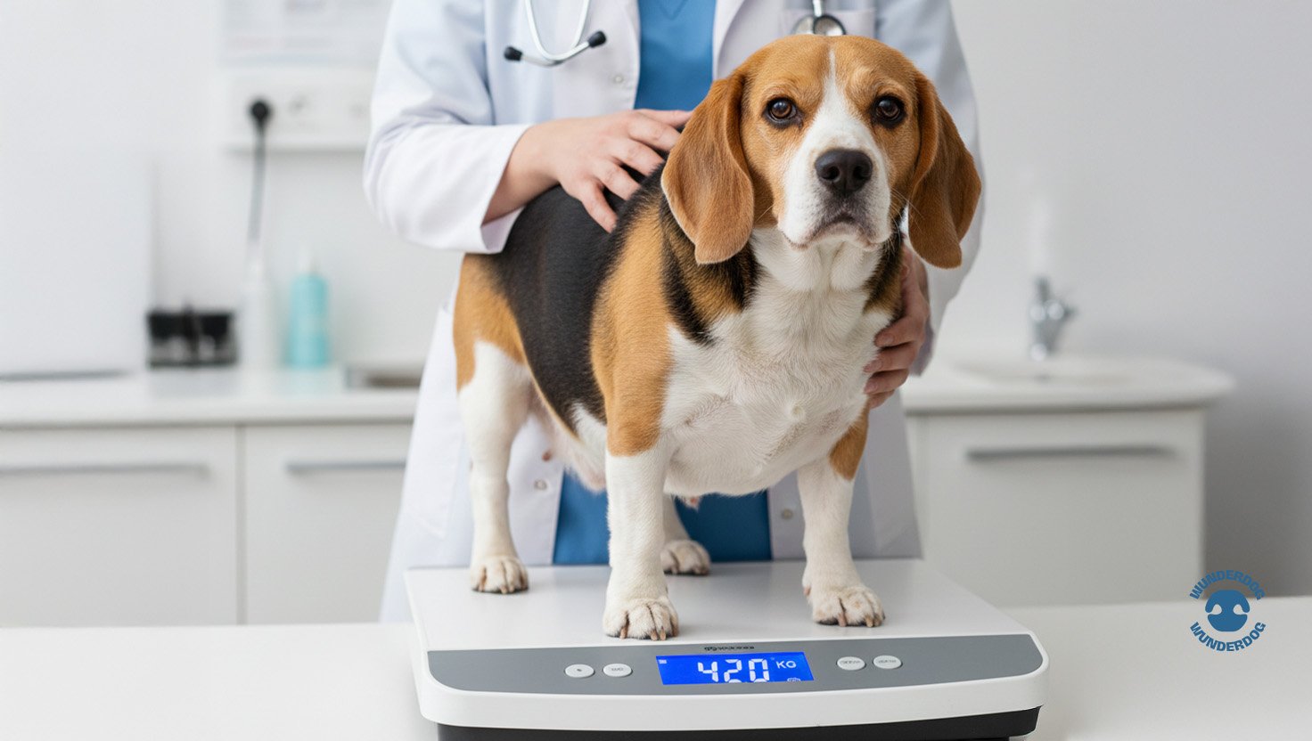 Dog standing on a veterinary scale during a weight check, illustrating obesity assessment and healthy weight monitoring for dogs in Dubai, UAE.