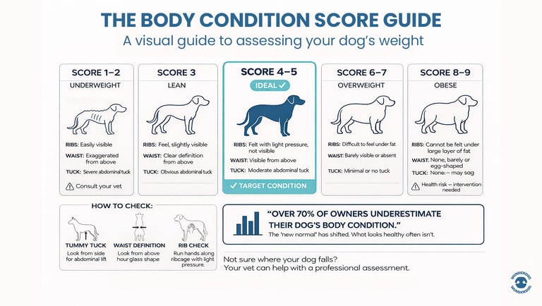 Dog body condition score chart showing underweight, ideal, overweight, and obese dogs, used to help owners assess healthy dog weight and obesity risk in Dubai, UAE.