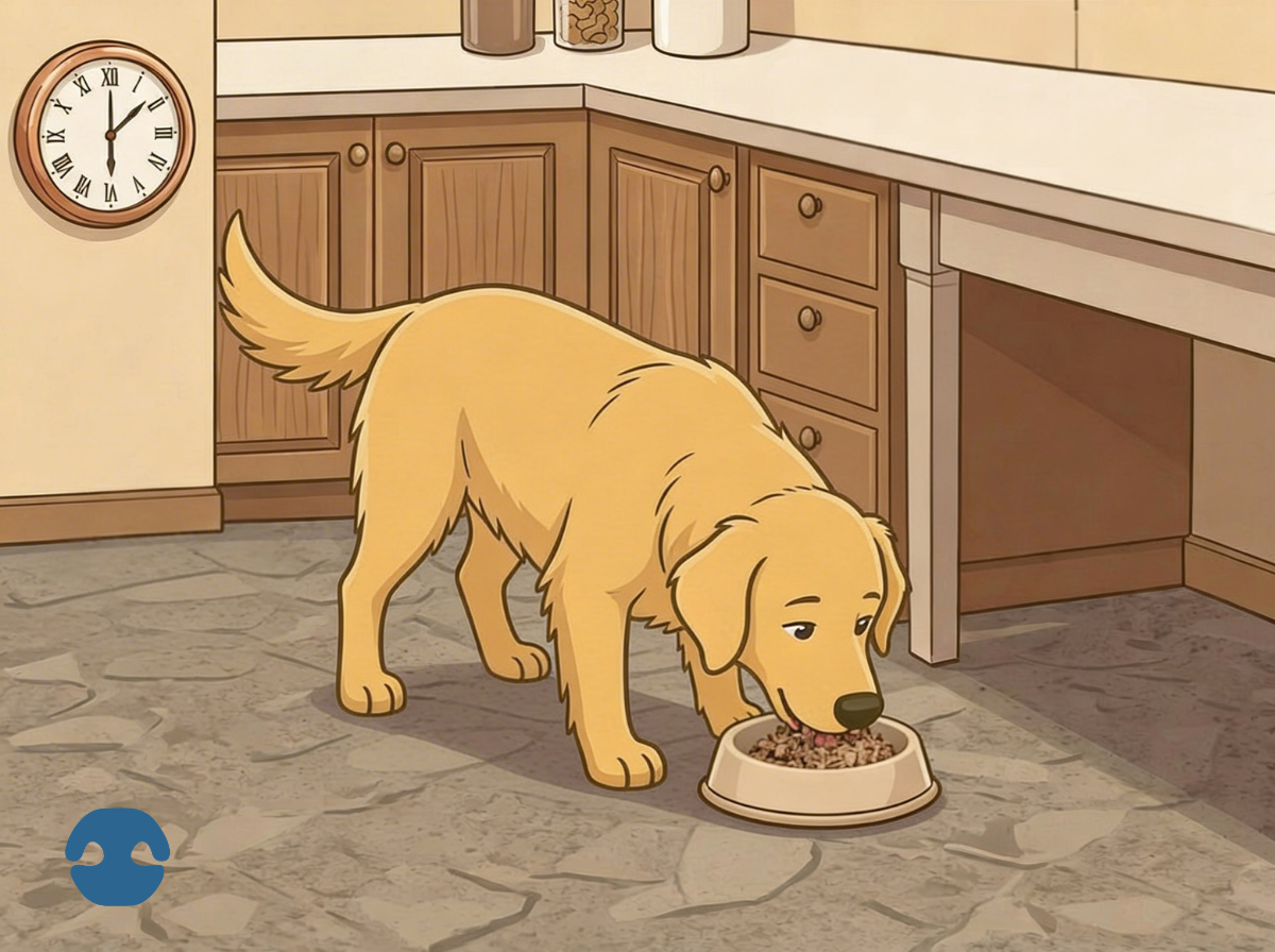 Dog eating calmly from bowl in a quiet home setting