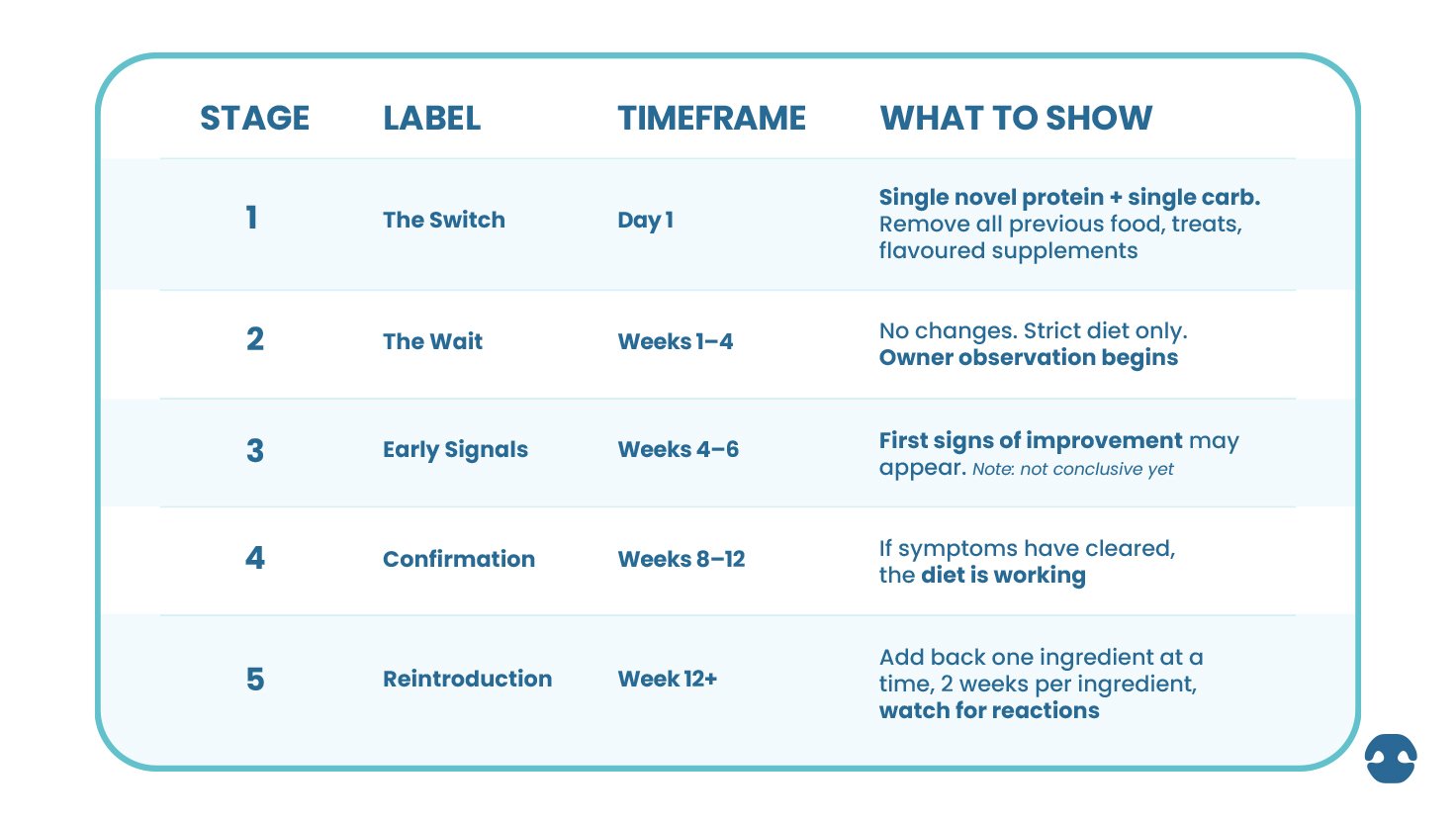 Timeline chart explaining the stages of a dog elimination diet including the switch, waiting period, early signs of improvement, confirmation phase, and ingredient reintroduction.
