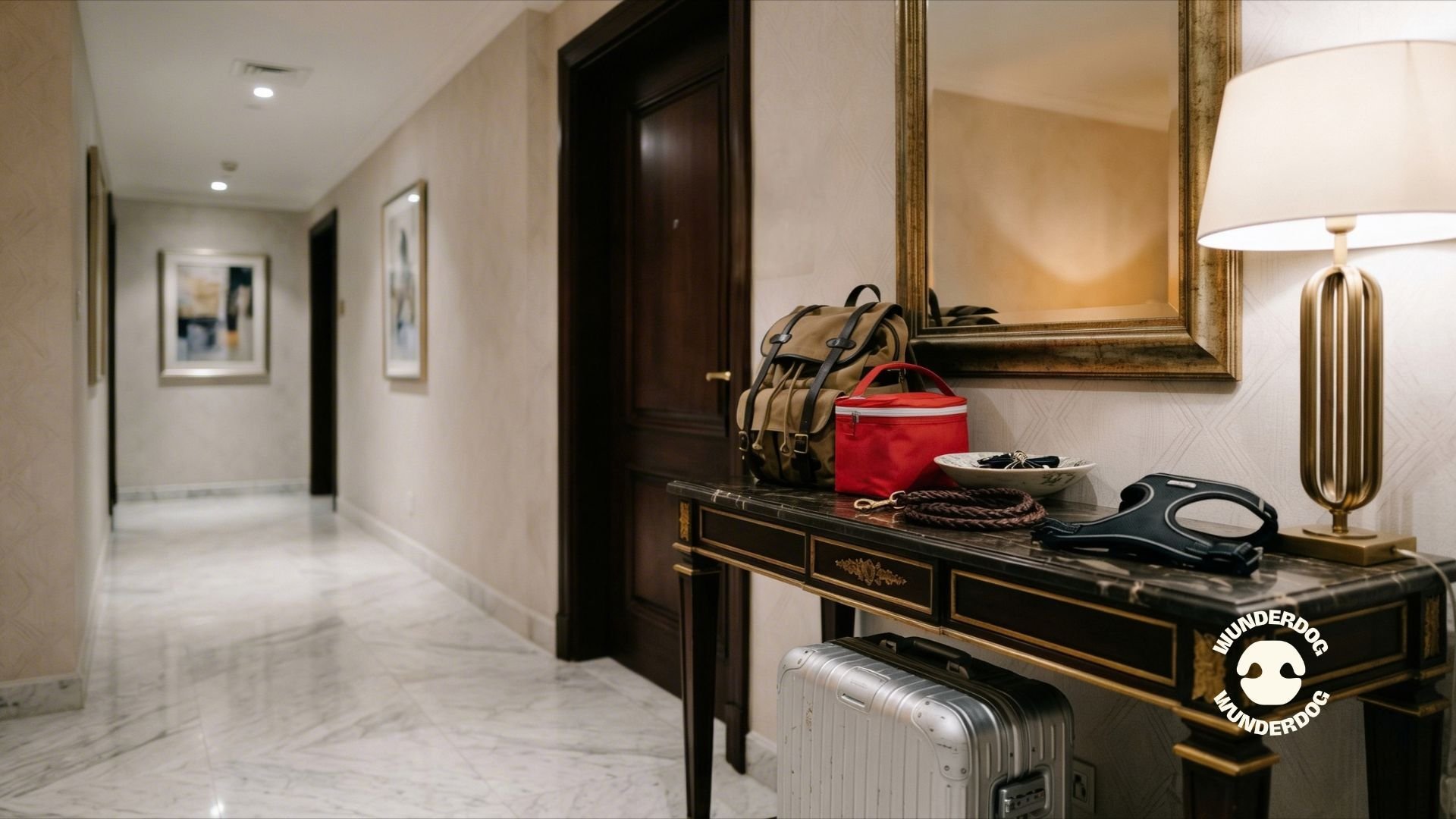 Emergency preparedness items for a dog placed on a hallway table including leash, carrier bag, and travel essentials.