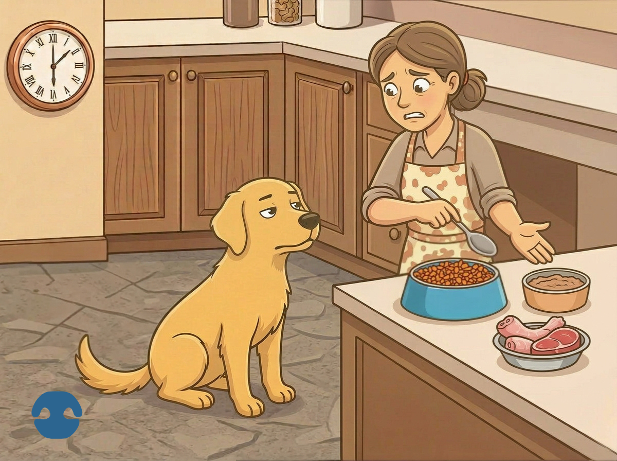 Owner showing a picky dog dry food, canned food, and raw meat options while the dog looks uninterested