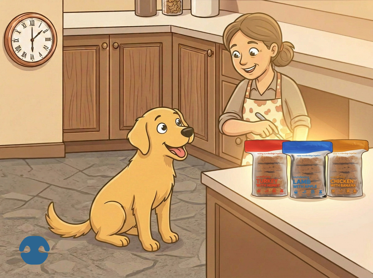 Dog looking at different fresh meal options showing controlled variety in diet