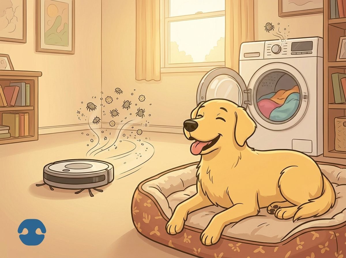 Cartoon dog resting on a bed while a vacuum cleans the floor and a washing machine runs in the background, removing dust and allergens