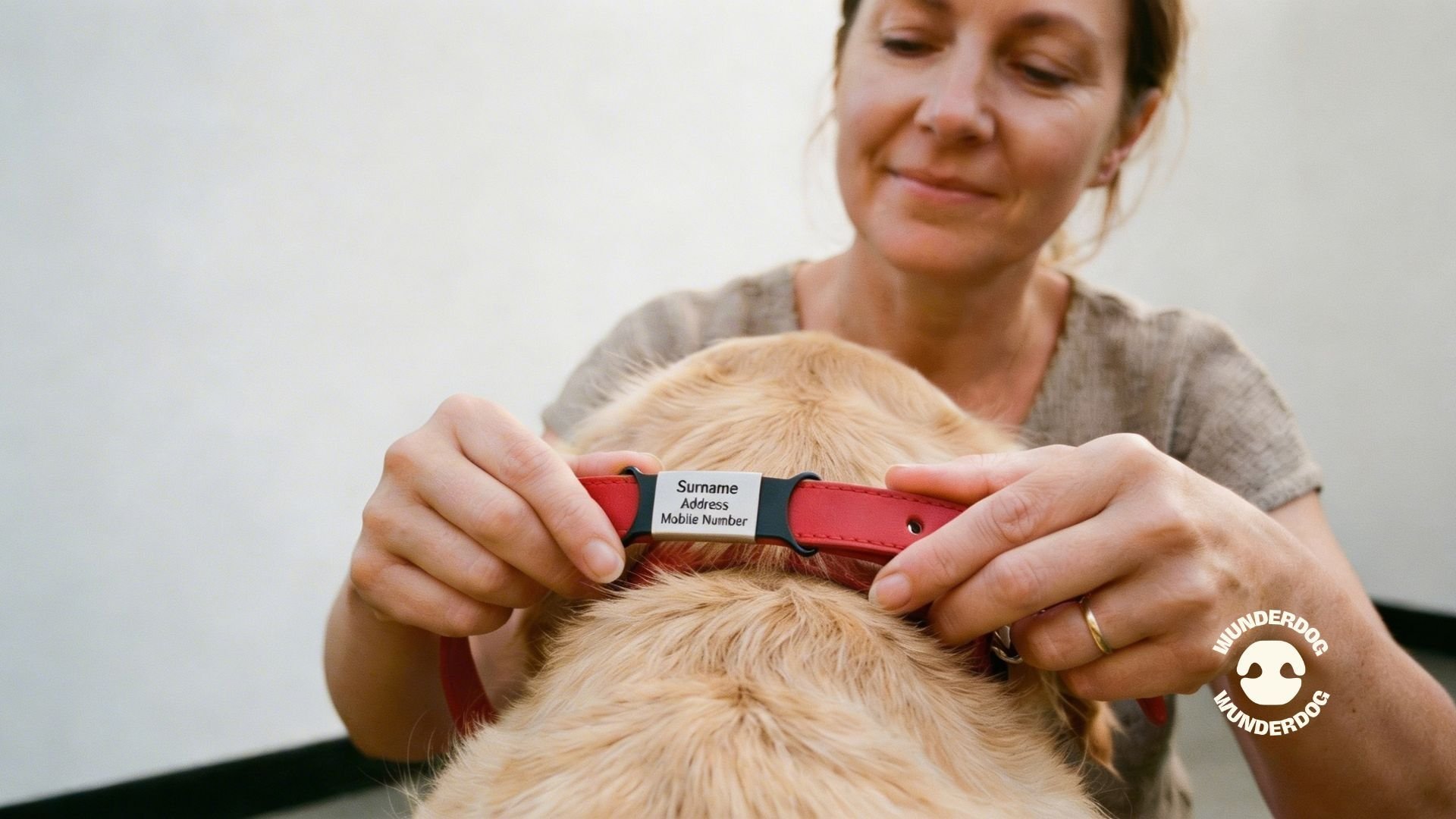 Dog owner attaching an identification collar tag with contact details to a dog’s neck for safety and identification.