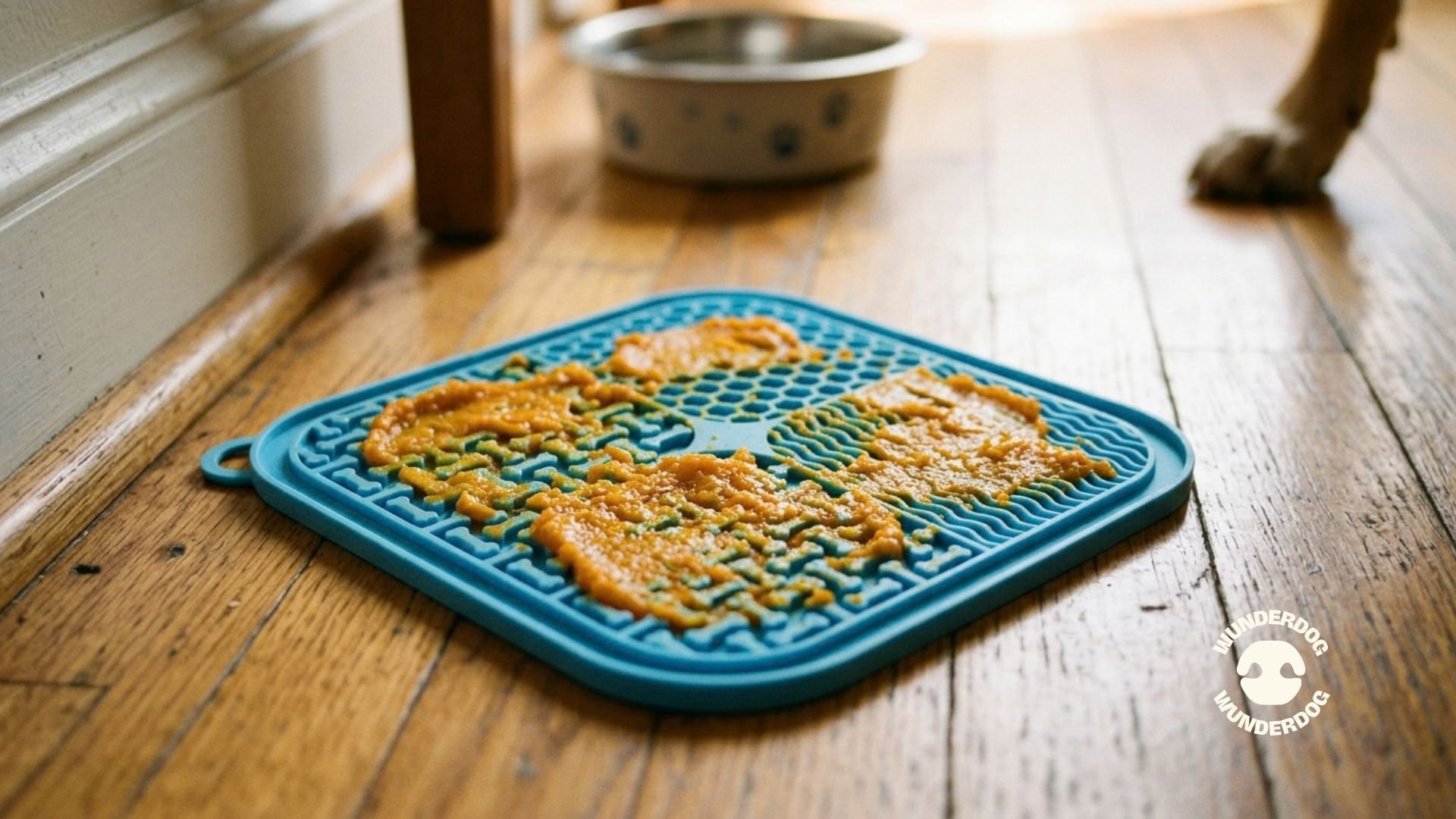 Dog lick mat with soft food spread used as calming enrichment activity for dogs indoors.