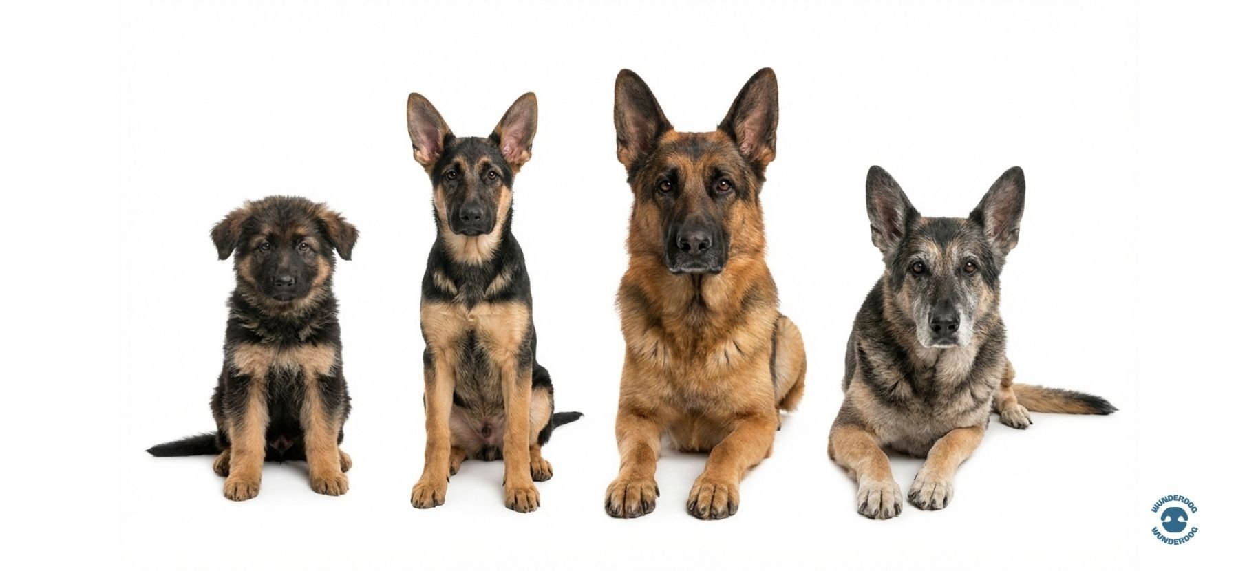 Dogs shown from puppy to senior to represent changing nutritional needs at each life stage.