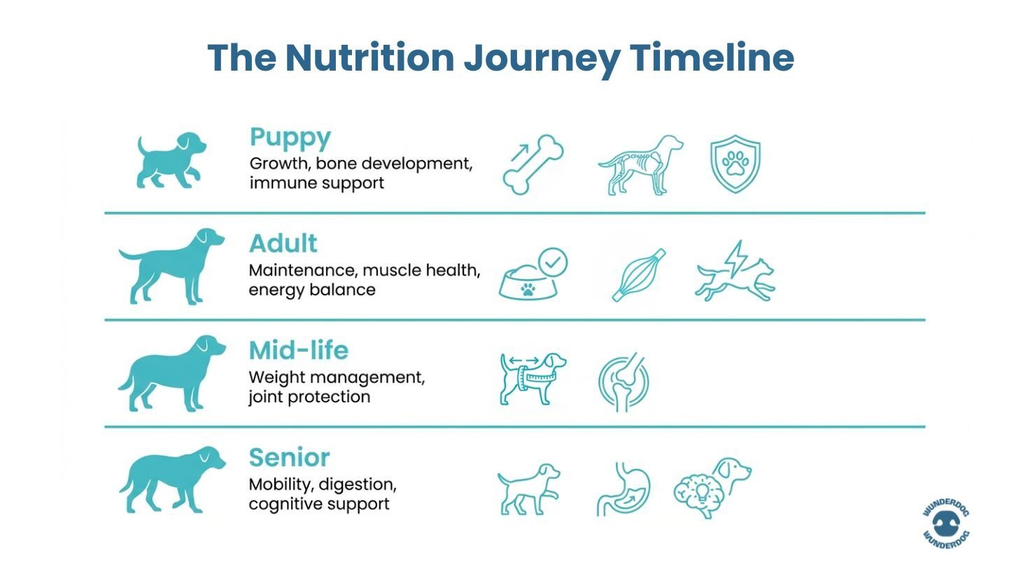 Illustrated timeline showing key nutrition priorities for dogs from puppyhood through adulthood and senior years.