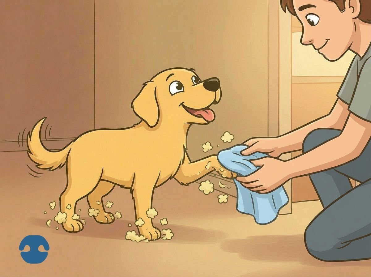 Cartoon dog standing indoors while owner wipes its paws with a cloth, with small pollen particles visible around the paws