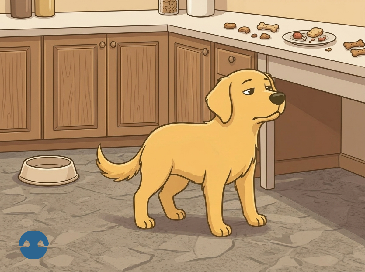 Dog ignoring food bowl while looking at treats and table scraps on kitchen counter