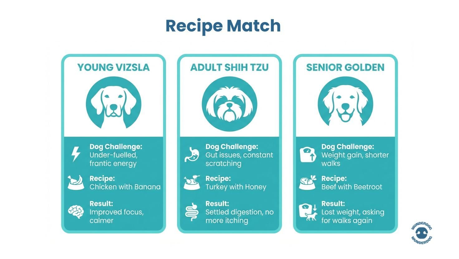 Recipe match cards showing tailored fresh food choices for young, adult, and senior dogs based on specific needs.