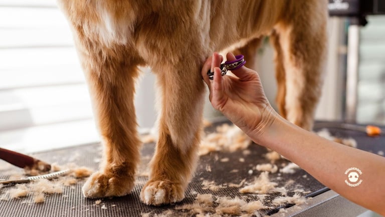 Golden dog receiving a deshedding grooming treatment with loose undercoat fur being removed.