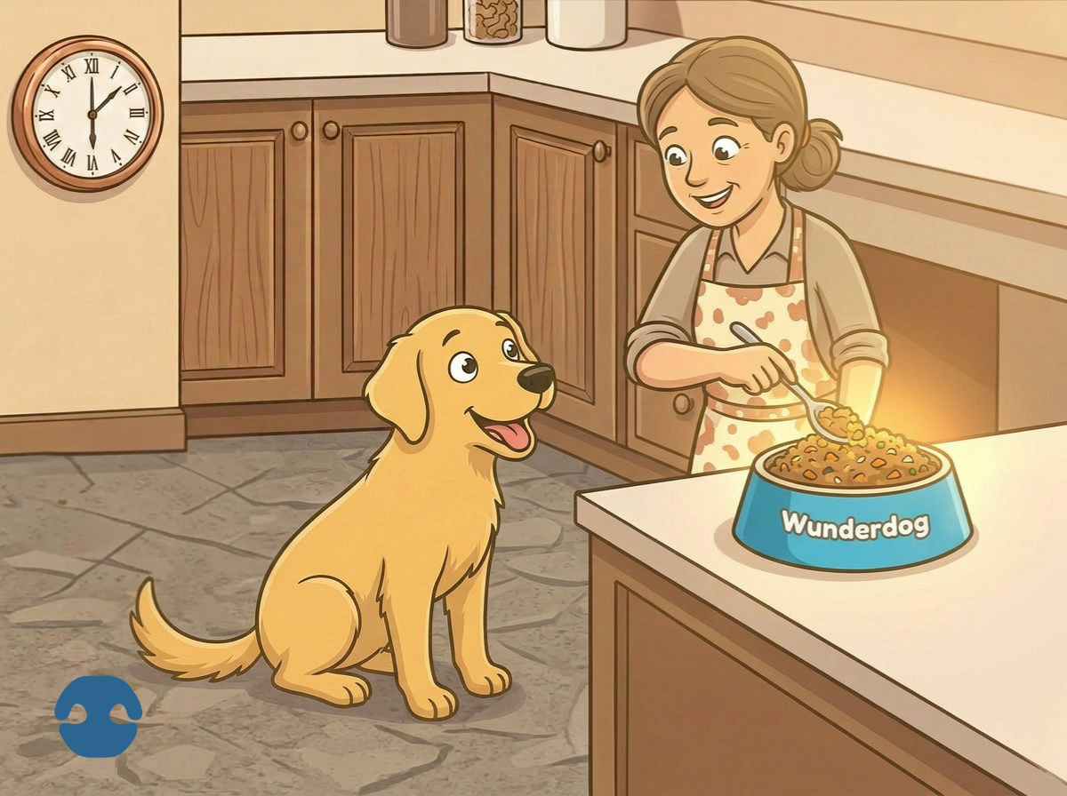 Happy dog watching fresh meal being served in bowl