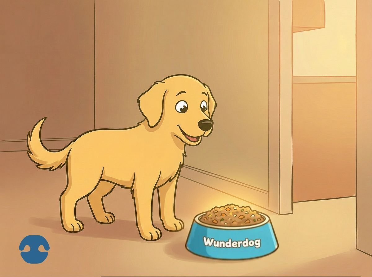 Cartoon dog standing next to a bowl of Wunderdog fresh food, looking happy and ready to eat