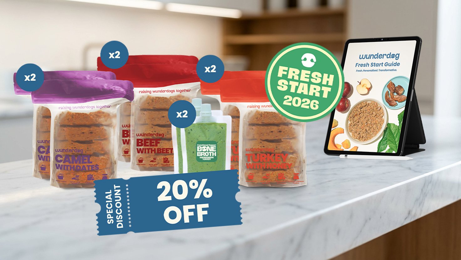 Wunderdog Fresh Start Bundle 2026 showing beef with beetroot, camel with dates, turkey with honey dog food pouches, bone broth topper, and feeding guide with 20% discount offer Dubai UAE