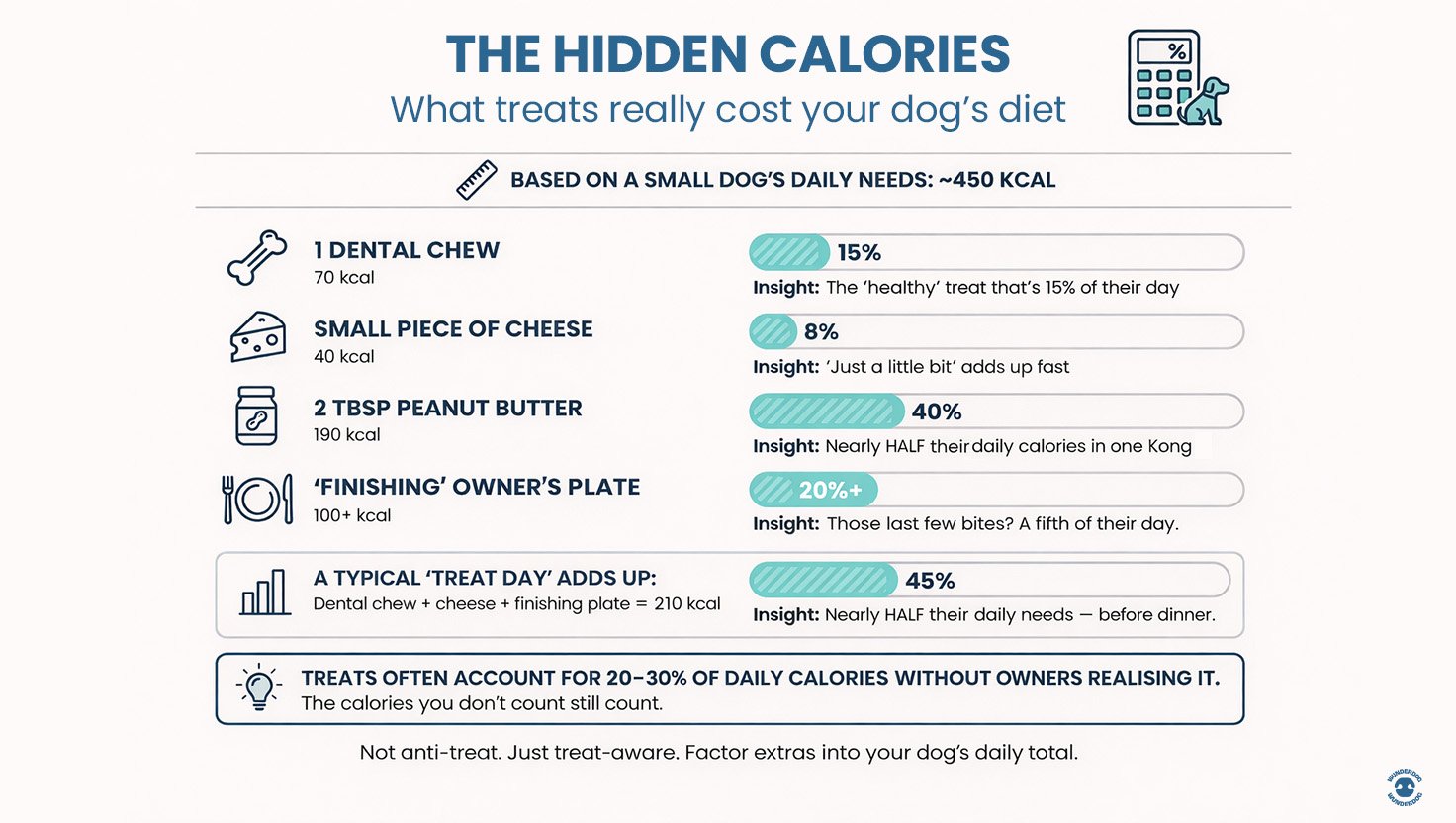 Infographic showing hidden calories in common dog treats like dental chews, cheese, and peanut butter, explaining how treats contribute to dog weight gain in Dubai, UAE.