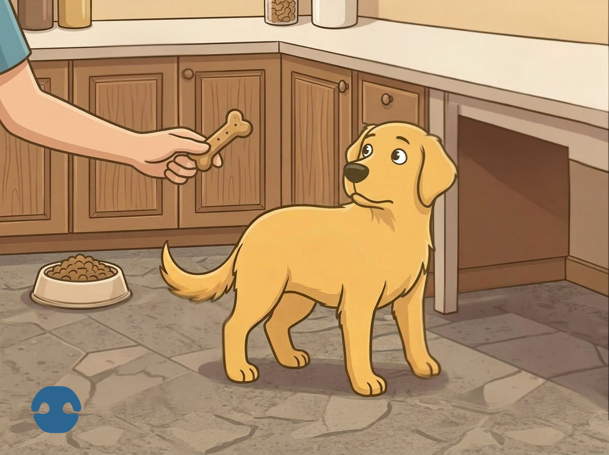 Owner offering dog a treat while food bowl sits nearby untouched