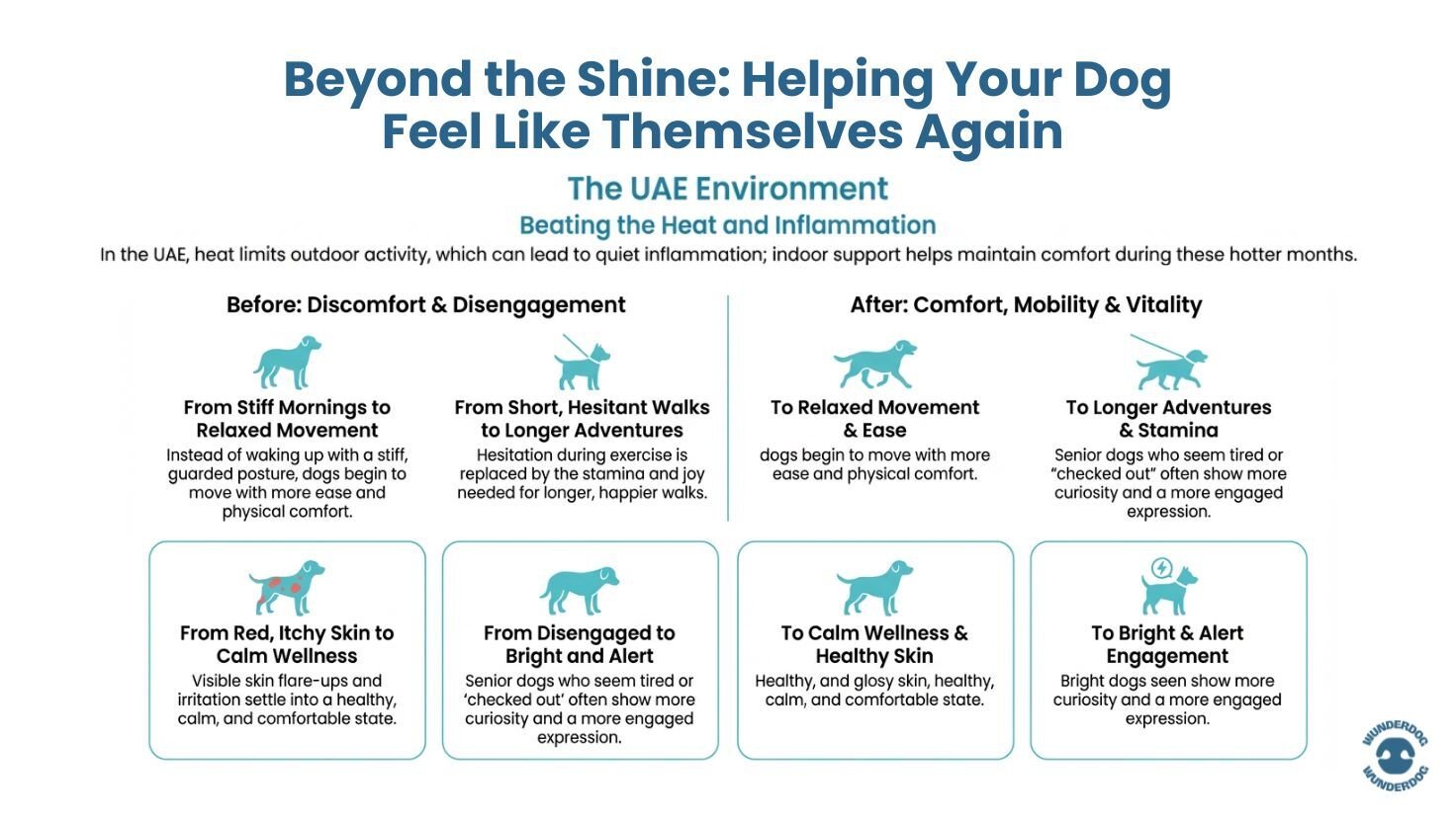 Comparison graphic showing shiny coat as an early sign of omega-3 intake alongside deeper benefits like joint comfort and engagement.