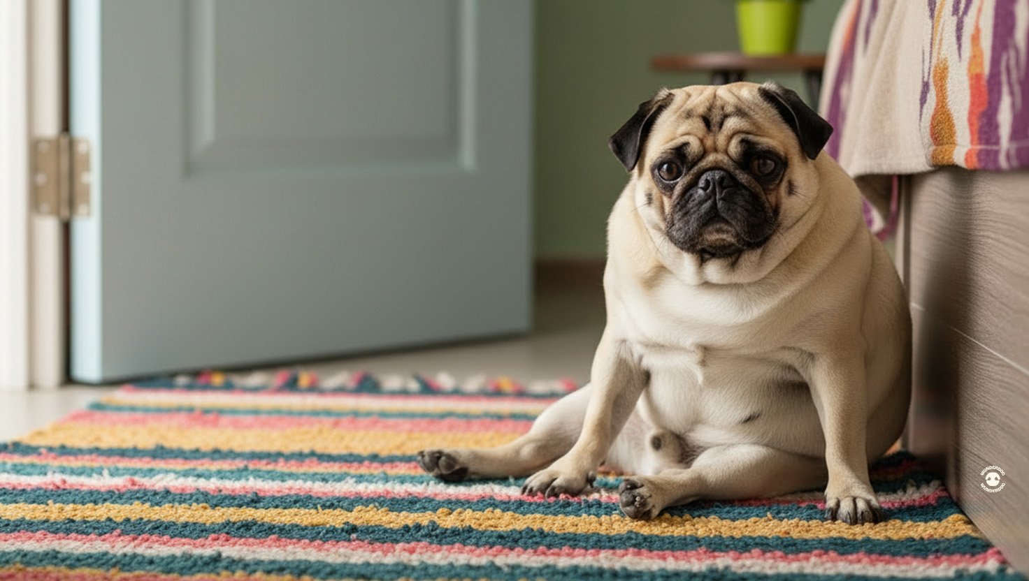 Overweight pug with no visible waist sitting on colourful rug showing signs of excess weight